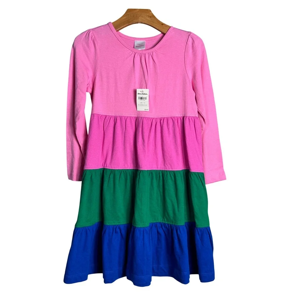 Hanna Andersson Girls Colorblock‎ Tiered Dress Pink Green Blue NWT Size 110 US 5